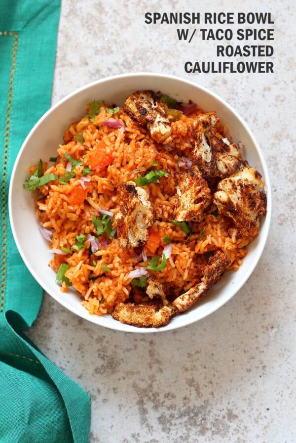 Easy Vegan Spanish Rice Bowl with Taco Roasted Cauliflower. Everyday Meal with everyday ingredients. #veganricha #Vegan #Glutenfree #Nutfree #Soyfree #Recipe | VeganRicha.com 