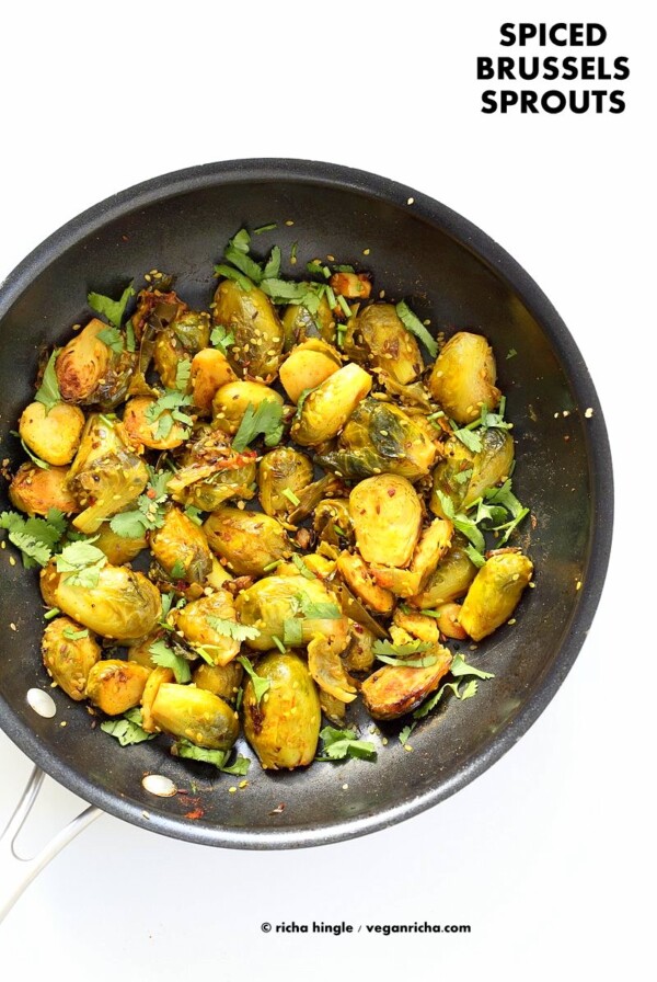 Pan Roasted Brussels Sprouts Subzi with Cumin and Mustard Seeds. Easy Spiced Brussels Sprouts. Serve in a bowl with Dal and Rice or as a side. Vegan gluten-free Soy-free Indian Recipe. | VeganRicha.com #vegan #glutenfree #veganricha