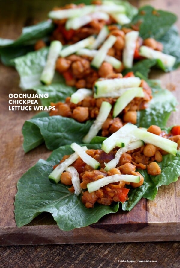 Sweet Spicy Gochujang Chickpea Lettuce Wraps. Easy Wraps with Korean Gochujang Sauce with Chickpeas. Use lentils, white beans or other beans for variation. Serve as lettuce wraps or in tacos or top a salad bowl. Vegan Gluten-free Recipe. | VeganRicha.com #vegan #glutenfree #veganricha