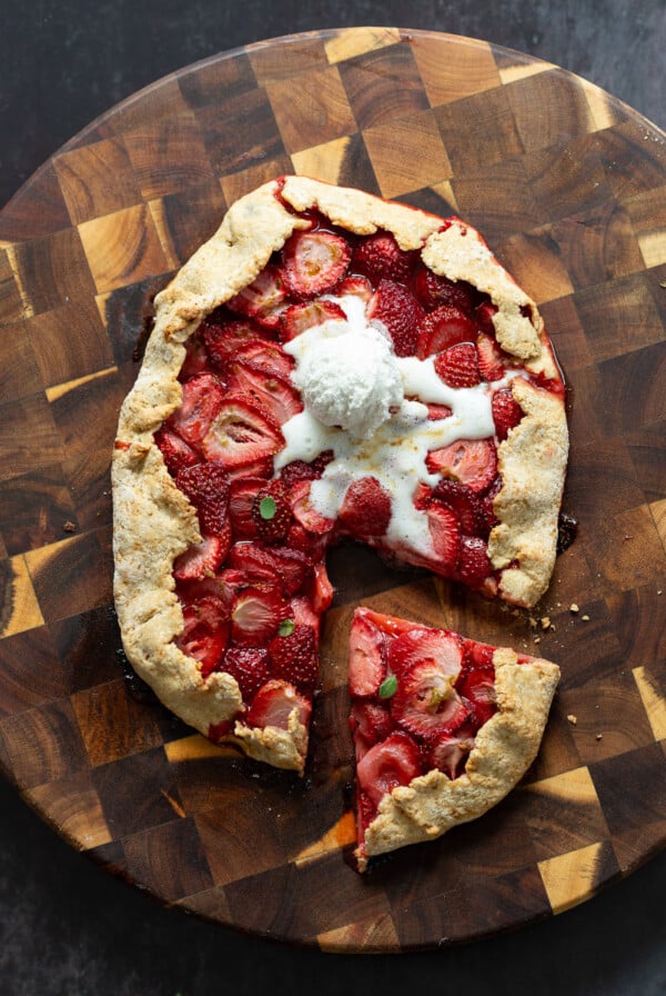 Vegan Strawberry Galette on wood board