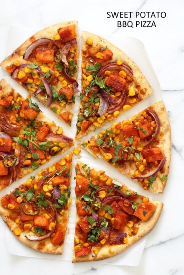 BBQ Sweet Potato Pizza. Easy Summer Pizza with Sweet Potato, Corn, Jalapeno and Barbecue sauce. Grill or bake or make into a quesadilla. Vegan Nut-free Recipe. Soy-free Gluten-free option | VeganRicha.com