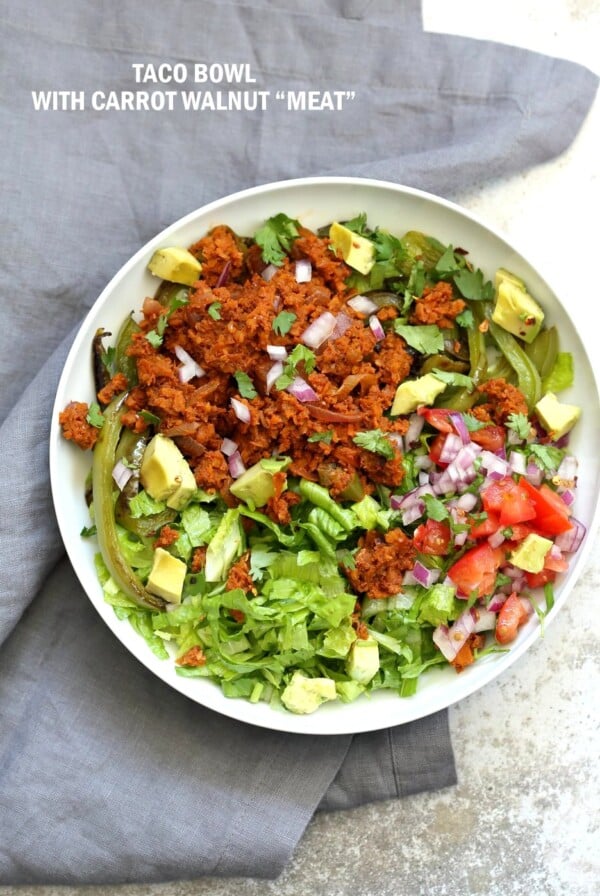 Vegan Taco Salad Bowl with Carrot Walnut Taco "Meat". Vegan Taco filling. Meatless Taco Salad. Make a wrap or tacos with it. Vegan Gluten-free Recipe.  #vegan #glutenfree #vegantaco #veganricha | VeganRicha.com