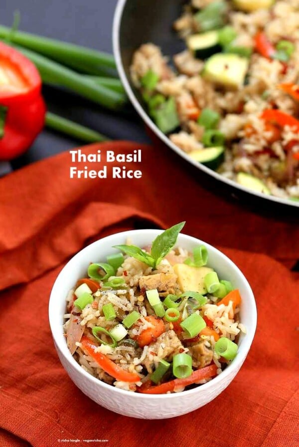 Vegan Thai Basil fried rice with veggies, marinated Tempeh and thai basil | VeganRicha.com #vegan #glutenfree #recipe #veganricha