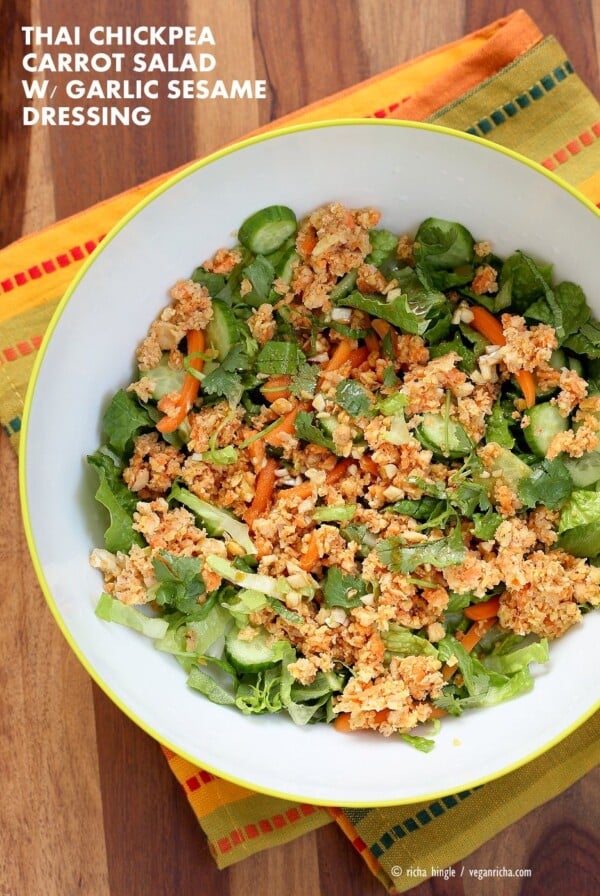 Thai Salad with Chickpea Carrot Crumble & Garlic Sesame Soy Sauce Dressing. Crunchy Summer Salad with Ginger Chickpea Carrot crumble and garlicky dressing. Use lentils for variation. Add roasted peanut or other nuts. Vegan Gluten-free Recipe | VeganRicha.com #glutenfree #veganricha #vegan