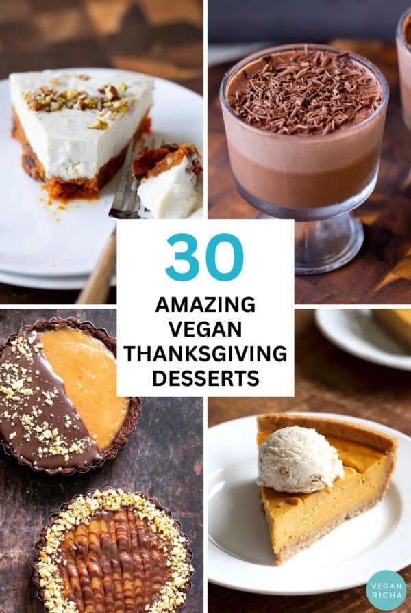 image collage of vegan thanksgiving desserts: cheesecake, pudding, tarts, pies