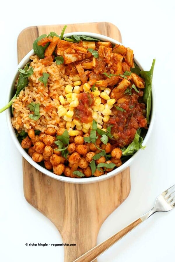 Vegan Tinga bowl with Hearts of Palm, Chickpeas, Spanish Rice | Vegan Richa #glutenfree #veganricha #vegan