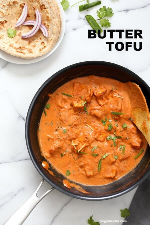 Restaurant Style Tofu Butter Masala Recipe - Indian Butter Tofu "Paneer". Dairy-free Tofu Paneer Butter Masala. Tofu is marinated and baked then simmered in tomato ginger cashew sauce. Vegan Gluten-free Recipe. | VeganRicha.com