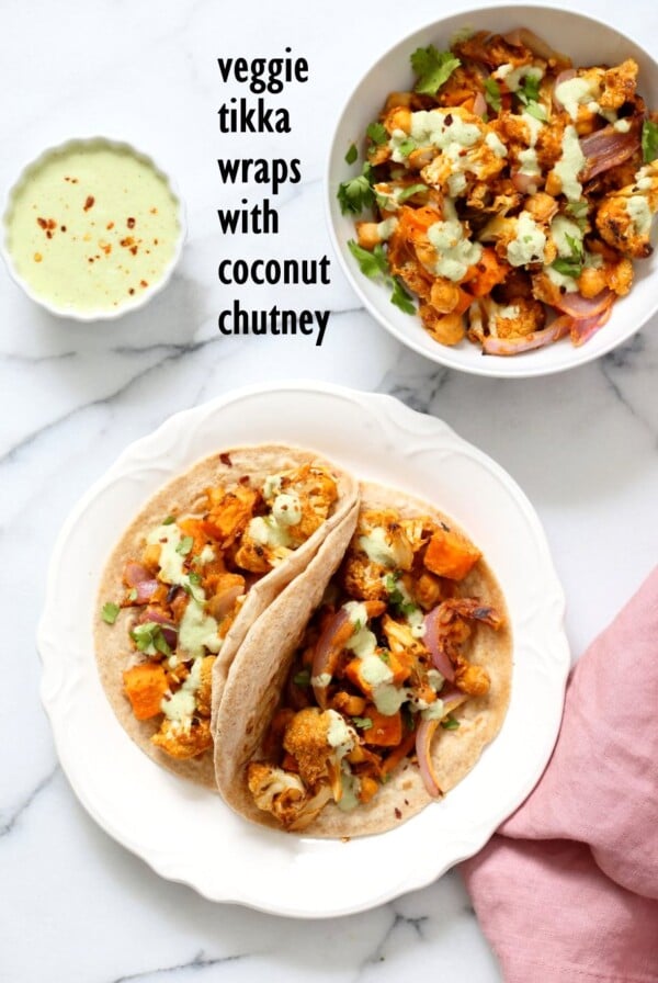 Cauliflower Sweet Potato Chickpea Tikka Wraps with Quick Coconut Chutney. Coconut Chutney makes everything amazing! Easy Weekday Meal. Vegan Soy-free Nut-free Recipe. Can be gluten-free with gluten-free wraps or tacos. | VeganRicha.com