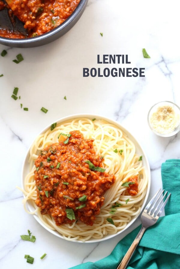 This Lentil Bolognese Sauce is hearty with Red lentils and Mushrooms and great with Spaghetti or other pasta. #Vegan #Soyfree #Nutfree #Recipe #VeganRicha. Can be gluten-free with #glutenfree #pasta | VeganRicha.com