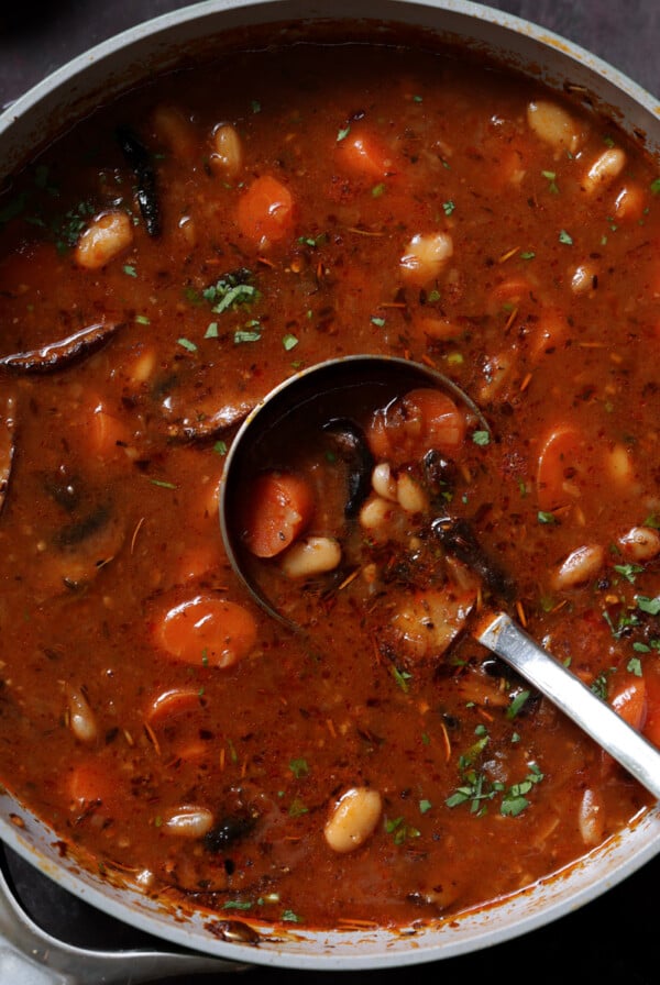 pot of veggie bean stew with a ladle in it