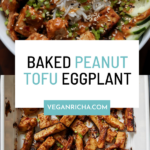 photos of eggplant and tofu with peanut sauce in the pan and bowl, text overlay