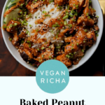 eggplant and tofu with peanut sauce, text overlay