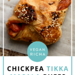 chickpea tikka masala puff on the baking sheet, text overlay