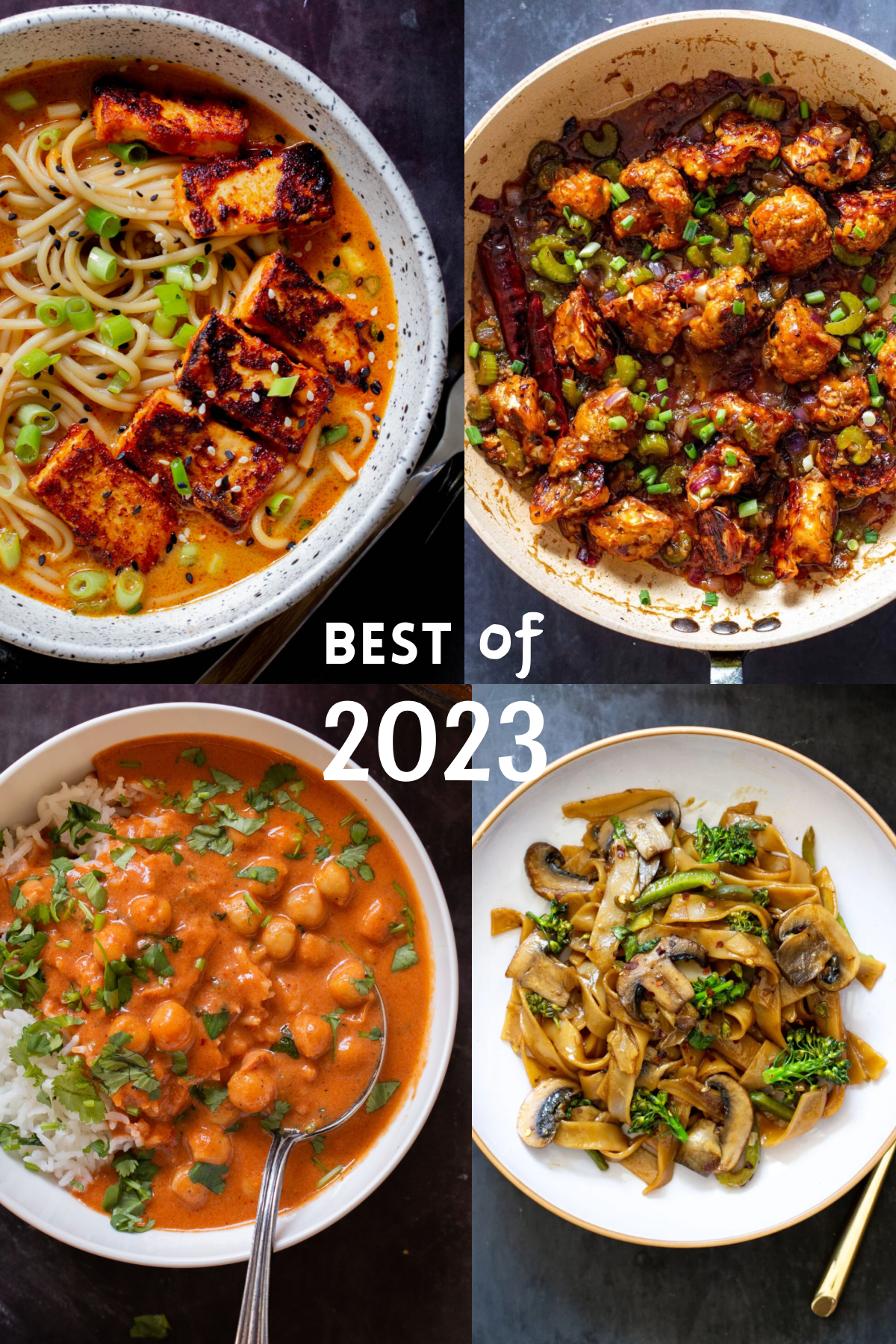 best vegan recipes 2023 from vegan richa , collage of skillet noodles, ramen, pepper cauliflower and butter chickpeas