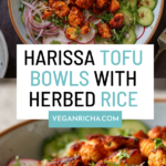 photos of harissa tofu bowls, text overlay