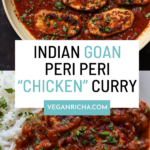 panful and plate of Goan peri peri chicken, text overlay