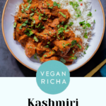 bowl of Kashmiri mushrooms, garnished with cilantro, text overlay