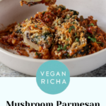 bowl of mushroom parmesan, text overlay