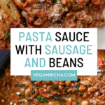 vegan sausage pasta sauce in a bowl and in the pan, text overlay