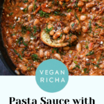 vegan sausage pasta sauce in the pan, text overlay