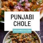 bowls of Punjabi chole on a slate table, text overlay