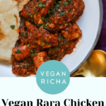 rara chicken curry on a plate, text overlay