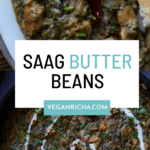 saag butter beans on the plate and in the pan, text overlay