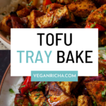 bowls of tofu tray bake, text overlay